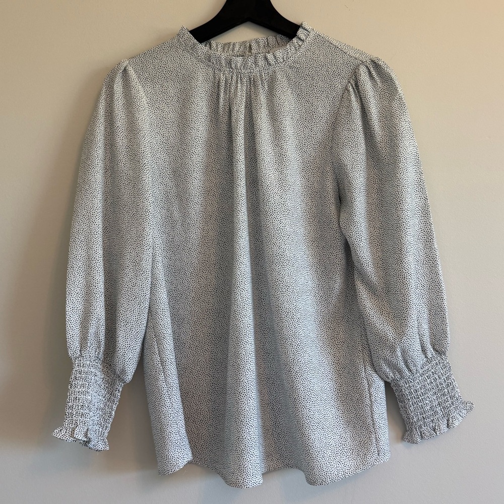 Carolina Belle Cream Black Micro Polka Dot Smocked Cuff Blouse Size S